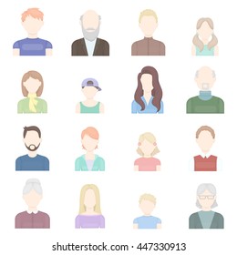 Face avatar icons set. Vector illustration of collection man and woman face avatar. Adult and old people face in different clothes and style. Different hairstyles and user face style.