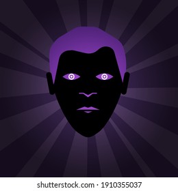 Avatar facial. Ilustración vectorial de la cara negra en el fondo a rayas. Cara masculina. Cabezal de dibujos animados de Clipart