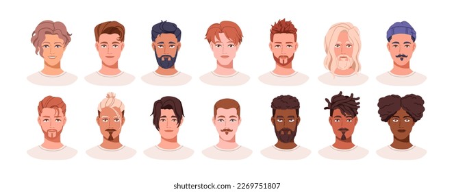 Face avatars, head portraits set. Diverse young men. Male characters, handsome guys, user profiles of different race, hairdo, appearance. Flat vector illustration isolated on white background