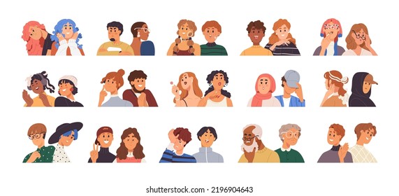 Face avatars of love couples, friends set. People portraits with moods, emotions, expressions, feelings. Modern trendy expressive characters. Flat vector illustration isolated on white background