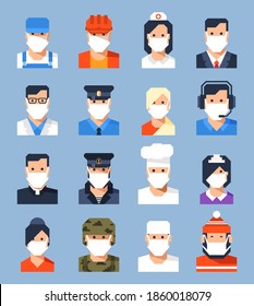 Gesichter Avatare in Maske. Neue Normalität - Menschen verschiedener Berufe. Vektorgrafik.