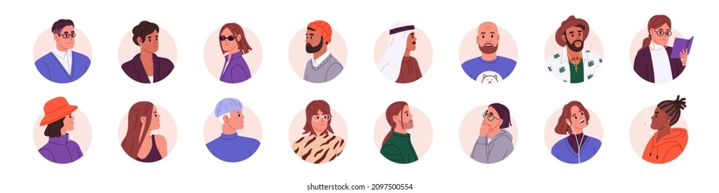 Face avatars set. Diverse people, head portraits. Modern happy men and women characters for user profiles. Different humans in circles. Colored flat vector illustrations isolated on white background