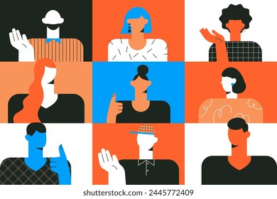 Face avatars set. Diverse people. Group. Team call. Abstract male, female characters in minimal trendy style. Colorful head portraits. Fashion men, women. Funny colored flat vector illustration