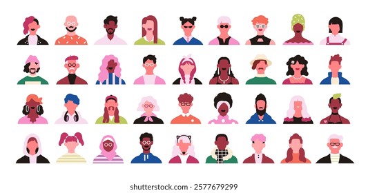 Face avatars set. Modern people, head portraits, diverse male and female characters. Creative trendy style user profiles, men and women. Colored flat vector illustrations isolated on white background