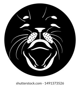 Face of a baby seal with open mouth. Round black and white silhouette. Flat logo style. Isolated vector illustration. 