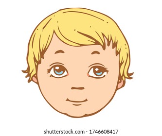 Face baby. Vector. Little toddler boy. Kid, child. Young. Hand drawing ink. Isolated on a white background. Youngster.