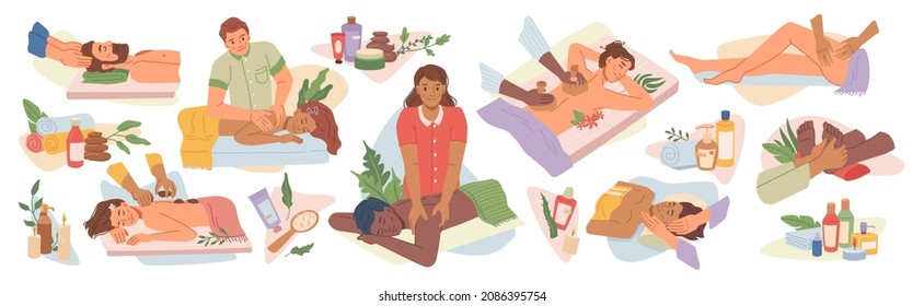 Face and back massages, relaxation at Thai massage with herbal bags, hot stone massage, barefoot massaging isolated flat cartoon icons. Vector man and woman relaxing in spa, natural organic cosmetics
