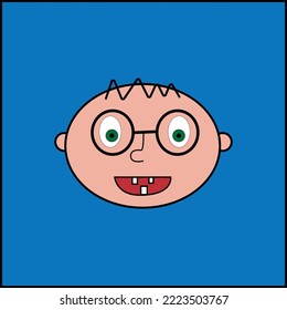 The face of a bald boy in glasses with 3 teeth. Smiling baby