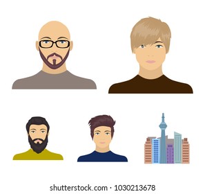 The face of a Bald man with glasses and a beard, a bearded man, the appearance of a guy with a hairdo. Face and appearance set collection icons in cartoon style vector symbol stock illustration web.