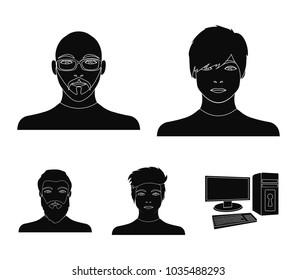 The face of a Bald man with glasses and a beard, a bearded man, the appearance of a guy with a hairdo. Face and appearance set collection icons in black style vector symbol stock illustration web.