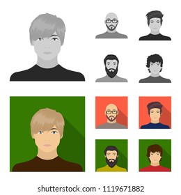 The face of a Bald man with glasses and a beard, a bearded man, the appearance of a guy with a hairdo. Face and appearance set collection icons in monochrome,flat style vector symbol stock