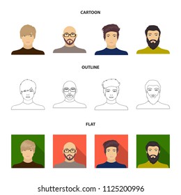 The face of a Bald man with glasses and a beard, a bearded man, the appearance of a guy with a hairdo. Face and appearance set collection icons in cartoon, outline, flat style vector symbol stock