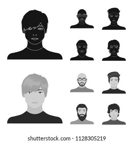 The face of a Bald man with glasses and a beard, a bearded man, the appearance of a guy with a hairdo. Face and appearance set collection icons in black,monochrome style vector symbol stock