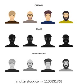 The face of a Bald man with glasses and a beard, a bearded man, the appearance of a guy with a hairdo. Face and appearance set collection icons in cartoon,black,monochrome style vector symbol stock