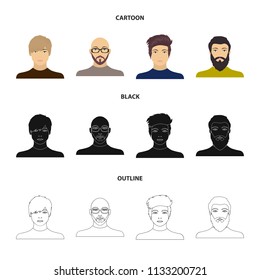 The face of a Bald man with glasses and a beard, a bearded man, the appearance of a guy with a hairdo. Face and appearance set collection icons in cartoon,black,outline style vector symbol stock