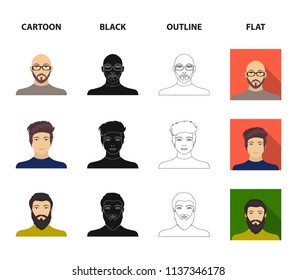 The face of a Bald man with glasses and a beard, a bearded man, the appearance of a guy with a hairdo. Face and appearance set collection icons in cartoon,black,outline,flat style vector symbol stock
