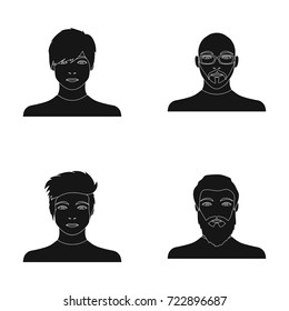 The face of a Bald man with glasses and a beard, a bearded man, the appearance of a guy with a hairdo. Face and appearance set collection icons in black style vector symbol stock illustration web.