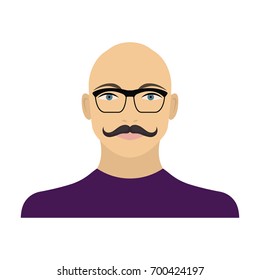The face of a bald man with a mustache in glasses. Face and appearance single icon in cartoon style vector symbol stock illustration web.