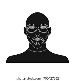The face of a bald man with a mustache in glasses. Face and appearance single icon in black style vector symbol stock illustration web.