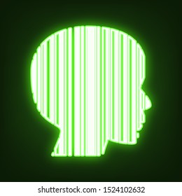 Face Barcode sign. Green neon icon in the dark. Blurred lightening. Illustration.