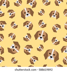 Face of Beagle dog on yellow background pattern. Animal seamless pattern design. 