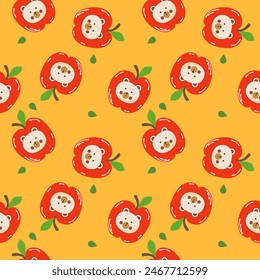 Face bear in apple cartoon so cute. On leaf and yellow background. Pattern seamless vector illustration. 