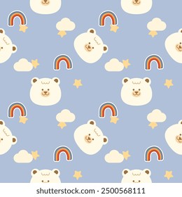 Face bear cartoon so cute. On rainbow cloud star background. Pattern seamless vector illustration. 
