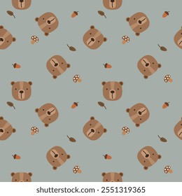 Face bear cartoon so cute. On acorn mushroom leaf background. Pattern seamless vector illustration. 