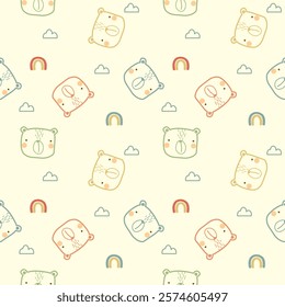 Face bear cartoon so cute. On rainbow cloud background. Pattern seamless vector illustration. 