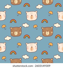 Face bear cartoon so cute. On rainbow cloud umbrella blue background. Pattern seamless vector illustration. 