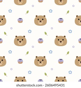 Face bear cartoon so cute. On cupcake blueberry flower leaf white background. Pattern seamless vector illustration. 