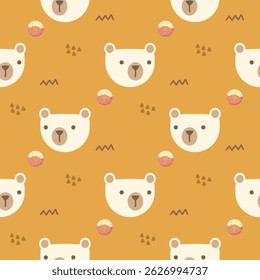 Face bear cartoon so cute. On donuts yellow background. Pattern seamless vector illustration. 