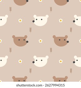 Caricatura de urso de rosto tão fofo. No fundo da flor. Ilustração de vetor uniforme de padrão. 