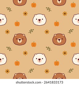 Face bear cartoon so cute. On pumpkin flower leaf background. Pattern seamless vector illustration. 