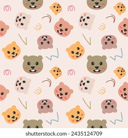 Face bear colorful cartoon so cute. On  line background. Pattern seamless vector illustration. 