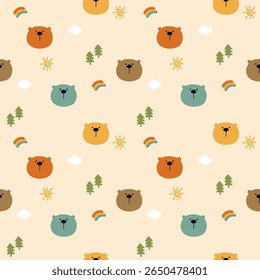 Cara urso desenhos coloridos tão fofo. Na árvore nuvem sol arco-íris fundo. Ilustração de vetor uniforme de padrão. 