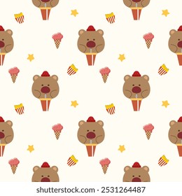 Face bear drink cartoon so cute. On french fries ice cream star background. Pattern seamless vector illustration. 