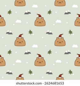 Face bear and hat cartoon so cute. On tree mountain cloud snow background. Pattern seamless vector illustration. 