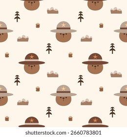 Caricatura de urso de rosto e chapéu tão fofo. No fundo da montanha de coto de árvore. Ilustração de vetor uniforme de padrão. 