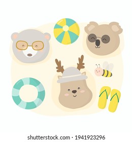Face of bear, koala and deer with bee and beach equipment icon for summer holidays,  Hand drawn style flat vector illustration, Cartoon Character in Summer time concept