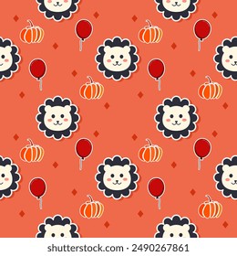 Face bear on black flower cartoon so cute. On balloon pumpkin orange background. Pattern seamless vector illustration. 

