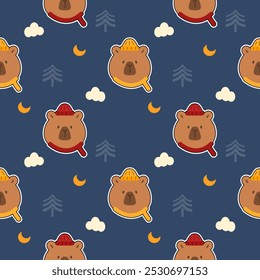 Face ours porter écharpe et chapeau dessin animé si mignon. Sur fond nuage d'arbre, lune bleue. Motif illustration vectorielle harmonieuse. 
