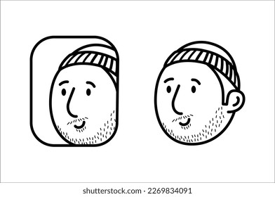 The face of a bearded hairy male character with a watch cap on. A face drawn simply and cutely with only a black line.