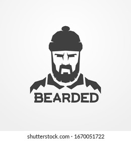 Face of a bearded lumberjack in hat. Head of a worker man in flat silhouette style. Shop logotype, badge or design element. Lumberjack vector stock image.