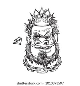 Face of a bearded man in the crown and chain. Outline vector illustration isolated on white background for tattoos, printing on T-shirt and more.