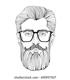 The face of a bearded man with glasses. Vector portrait illustration, isolated on white background. Outline drawing.