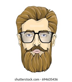 The face of a bearded man with glasses. Vector portrait illustration, isolated on white background.