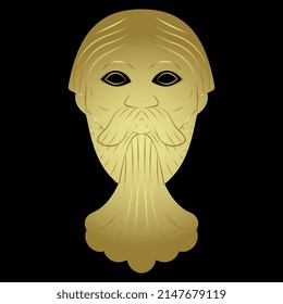 Face Of A Bearded Man. Human Mask. Medieval European Sculpture. Celtic Pagan Green Man. Funny Male Portrait. Fountain Sculpture Pouring Water. Golden Glossy Silhouette On Black Background. 