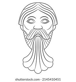 Face Of A Bearded Man. Medieval European Sculpture. Celtic Pagan Green Man. Funny Male Portrait. Black And White Linear Silhouette.