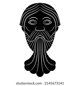 Face Of A Bearded Man. Medieval European Sculpture. Celtic Pagan Green Man. Funny Male Portrait. Black And White Negative Silhouette.